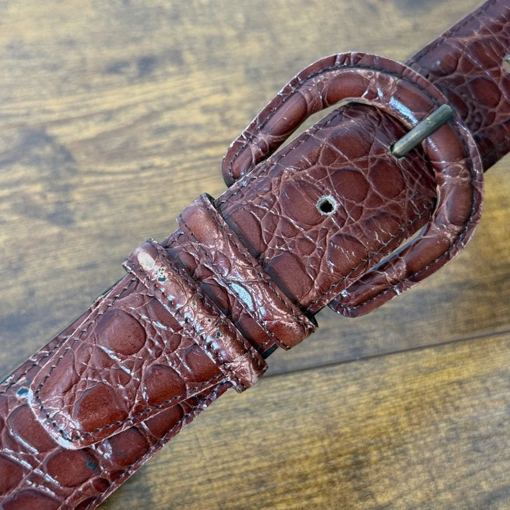 VTG Mark Shale Men's Genuine Leather Belt Large Brown Croc Embossed Print Preppy